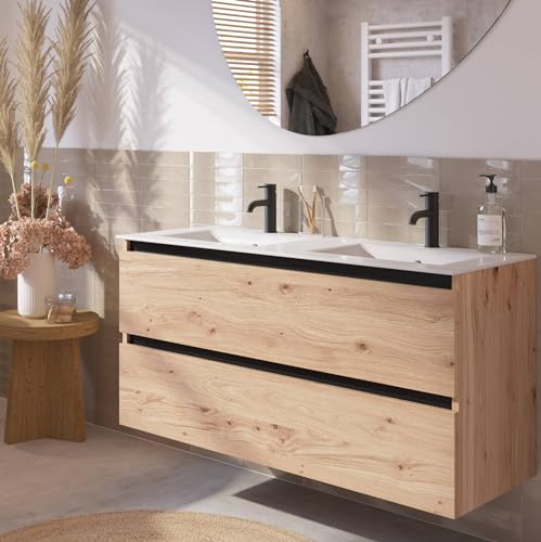 Saqu Gaia Badezimmermöbel Doppelter Keramik Waschtisch mit Unterschrank 121x51 cm Vormontiert - Badmöbel Set Badezimmerschränke - Natureiche mit schwarzer Griffleiste