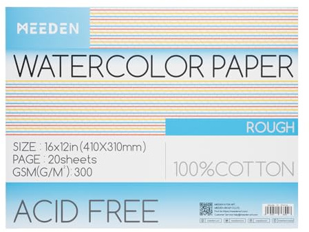 MEEDEN Vattenfärg pappersblock – 100 % bomull akvarellpapper dyna med 20 ark, 63 kg/300 gsm, syrafritt konstpapper för akvarellering, gouache, bläck med mera, 40 x 30 cm grov