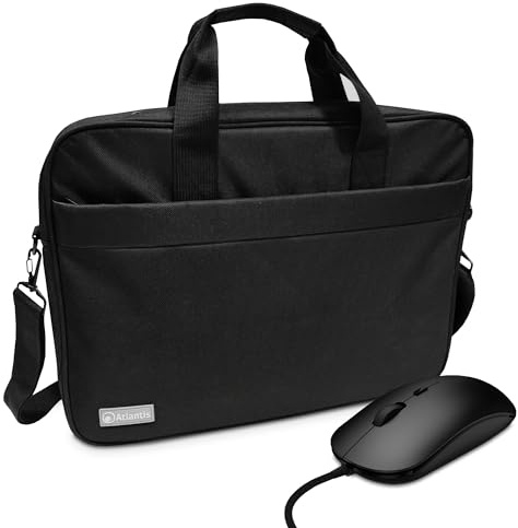 Atlantis Bolso portátil 15.6 pulgadas + ratón USB, bandolera modelo Lisboa, acolchado interior, bolsillo porta documentos, bolsillo exterior para accesorios, correa trolley Correa bandolera negra