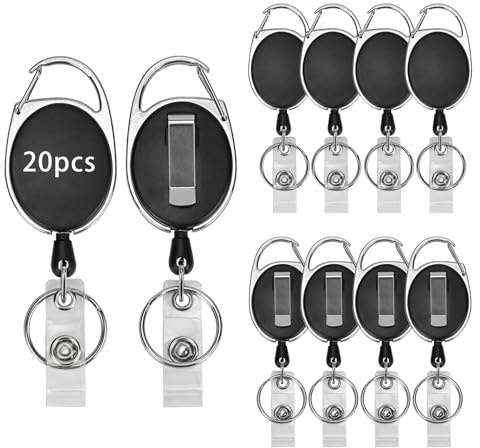 20 Stück Schlüsselanhänger Ausziehbar, einziehbarer Ausweishalter mit Karabiner, Gürtelclip und Schlüsselring, Ausweishalter für Ausweis, Name, Schlüsselanhänger