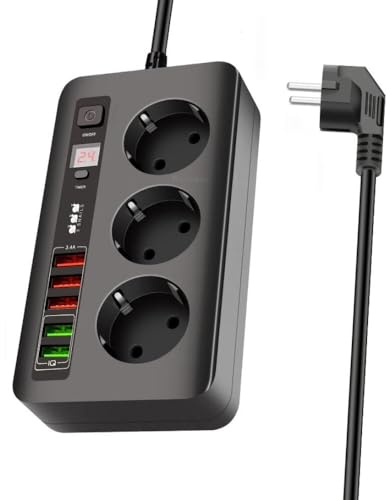 Presa temporizzata multipla (2500 W 10 A) a 3 vie, 5 prese USB, con protezione da sovratensione, cavo di prolunga 3 m, presa europea (nero)