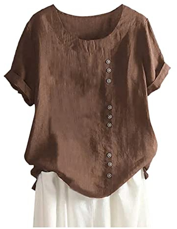 HUIFUAO Skjortor för kvinnor kortärmad bomull linne toppar för kvinnor sommar enkel enfärgad rund hals toppar kvinnor skjortor blus, Brun, XL