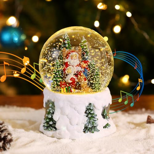 Lewondr Christmas Snow Globe, Santa Claus Christmas Music Box with Light & Swirling Snowflake, Battery & USB Powered Xmas Water Globe, Christmas Tree Decoration for Home Bedroom Fireplace, White