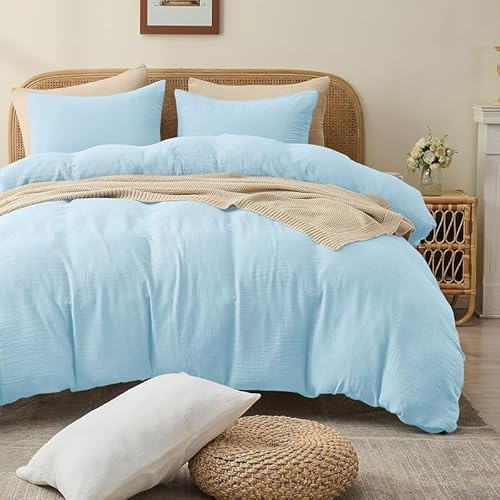 Gezu Doppelte Muslin Bettwäsche 135x200 Hellblau 100% Baumwolle Muslin Bettwäsche-Sets Set Bettbezug mit 1Kissenbezüge 80x80cm Sehr Atmungsaktiv Bequem Bettwäsche Einzelbett mit Reißverschluss
