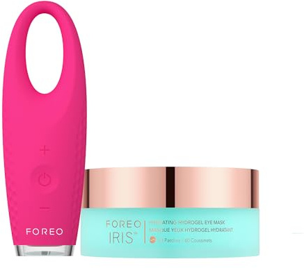 FOREO Eye Revive IRIS - Set di 2 massaggiatore per occhi linfatici + FOREO IRIS Iris, maschera per occhi idrogel idratante, 60 pezzi, rimuove occhiaie e borse sotto gli occhi, contro il gonfiore della