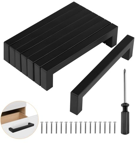vebulon Griffe für Küchenschränke, 8 Stück Schrankgriffe Schwarz 128mm Lochabstand Möbelgriffe Küchengriffe Griffe Schwarz Edelstahl Schubladengriffe Türgriffe Küche Quadrat (Mit Schrauben)