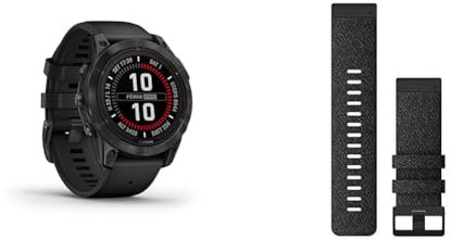 Garmin fēnix 7 PRO SOLAR, Multisport GPS Smartwatch, Advanced Health and Training Features QuickFit 26 Watch Bands - Heathered Black Nylon