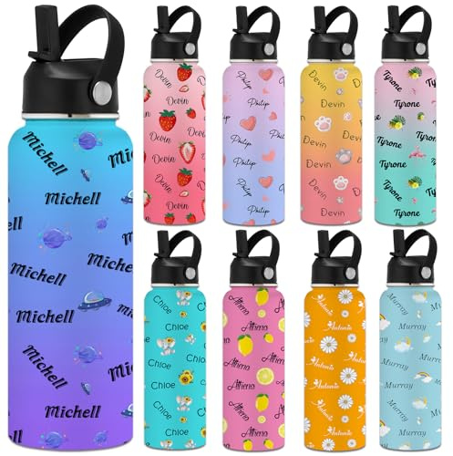 YanNanKe Botella personalizada para niños y adultos con tapa de pajilla de 12, 18, 24, 32, 40 onzas, agua personalizadas con nombre, deportiva de acero inoxidable
