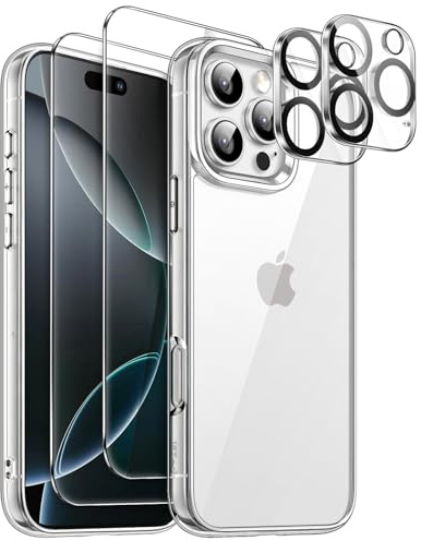 JETech Cover 5 in 1 per iPhone 16 Pro, Anti-Ingiallimento, Trasparente | 2 Pellicole in Vetro Temperato, 2 Protezioni per Fotocamera, Custodia Telefono Antiurto