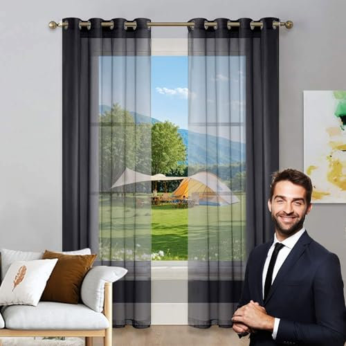LIUNADM Voile Scheibengardine 175 x 110 cm Größe Und Farbe Wählbar Querbehang Gardine Durchsichtig Tüllstoff für Küche Büros Wohnzimmer Schlafzimmer, Schwarz