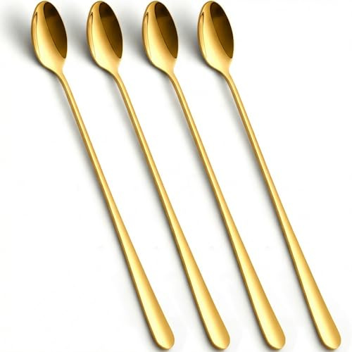 Kucensi Lange Latte Macchiato Löffel Set, 4 - teilig 22.3cm Edelstahl Eislöffel Rührlöffel für kaffee Tee Milchshakes Cocktails Dessert, Perfekt für Eisbecher & Getränke spülmaschinengeeignet(Gold)