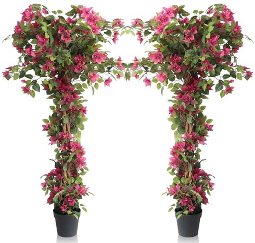 Damomo 5 Fuß künstliche Bougainvillea-Blumenbäume, künstlicher blühender Baum mit schwarzem Kunststofftopf, gefälschte Bougainvillea-Pflanzen im Topf für die Dekoration im Innen- oder Außenbereich,