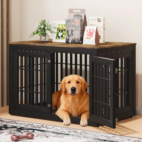 Snuowu 48 Heavy Duty Dog Crate Furniture for Small,Medium and Large Dogs,Rustic Wooden Dog Cage Kennel Indoor Furniture with Waterproof Top,Decorative Pet House Side End Table (Black & Wood)