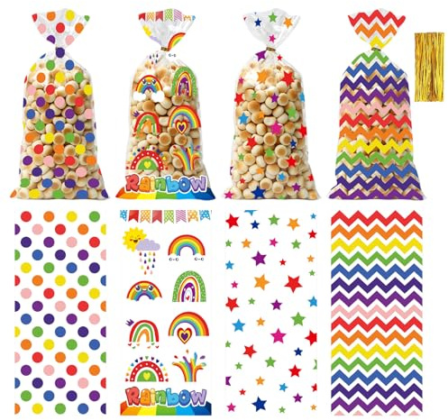 yolzhxe 100 Stück Cellophantüten, 12,5x27 cm Zellophantüten, Regenbogen Transparent Süßigkeiten Tüten mit Metallischen Bindebaender, Cellophane Bag für Süssigkeit Chocolate Brot