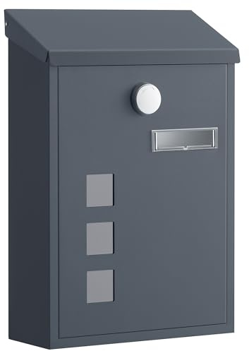 SONGMICS Post Box, Wall Mounted Letterbox, Mailbox with Sloped Roof, Copper Lock Cylinder, Swivel Cap, Viewing Windows, Nameplate, Easy to Install, 9 x 21.8 x 31.8 cm, Grey GMB032GZ01