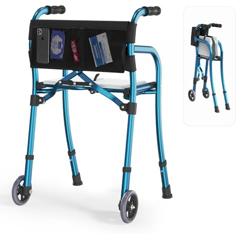 Andadores para personas mayores con asiento, ligero y plegable que ahorra espacio, caminante con ruedas de movilidad y altura ajustable estándar con marco de aluminio, ruedas de 5 pulgadas, caminante