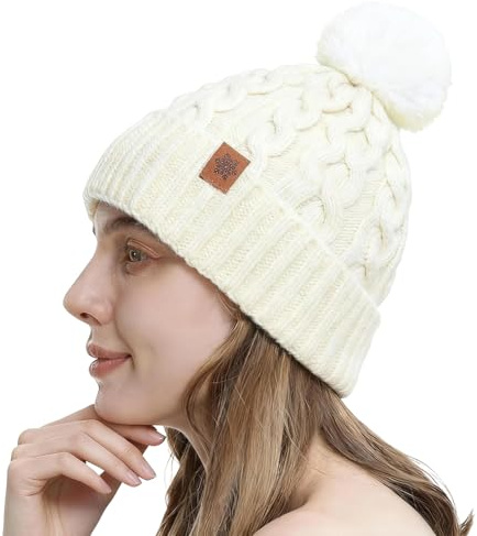 Waymaytecy 1 Stücke Mütze Damen Winter Mit Warmem Fleece Gefüttert, Wintermütze Mit Kunstfell Bommelmütze, Warme Strickmütze Mit Bommel, Geeignet Für Outdoor-Fahren, Skifahren(weiß)
