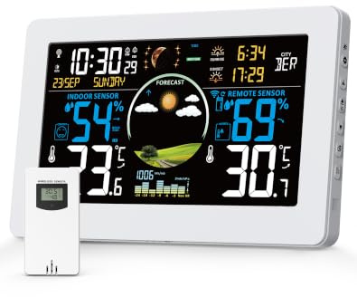 VIFLYKOO Station Météo Sans Fil, Thermomètre et Hygromètre Intérieur Extérieur avec Capteur Externe, Prévisions Météo, Écran VA 7,5, Baromètre, Alarme, 4 Rétroéclairage Réglable,Blanc
