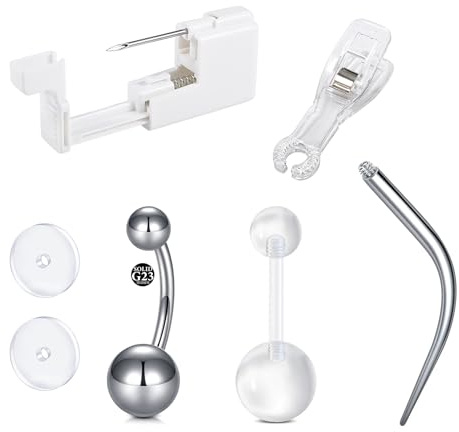 LAURITAMI Kit de piercing para ombligo, kit de pistola de perforación desechable con barra de titanio G23 de 14 G, herramienta de pinzas cónicas de acero inoxidable, juego profesional de 7 piezas