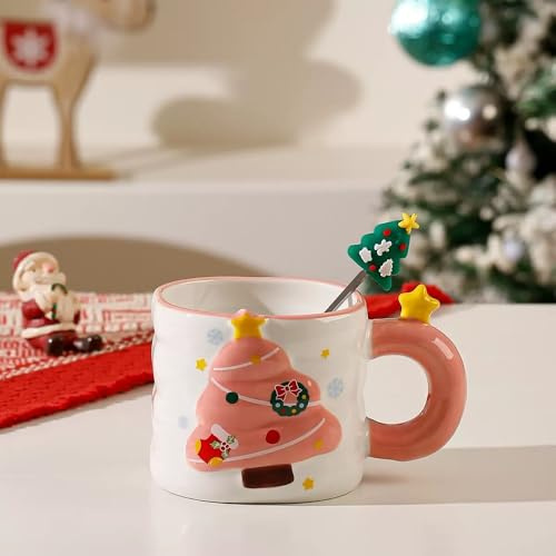 VollfitYYu Süße Weihnachtstasse Cartoon 3D Relief Weihnachtsbaum Kaffeebecher Porzellan Kaffeetasse mit Rührlöffel Geschenk für Frau Männer Mädchen Kollegen Freunde (Rosa)