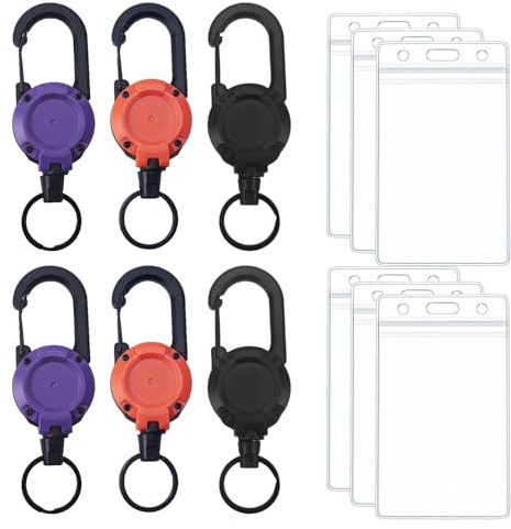 Einziehbare Schlüsselanhänger, 6er-Pack, mit einziehbarem Lanyard, 1 m Stahlseil, Karabiner und 6 Ausweishüllen (schwarz, lila, orange)
