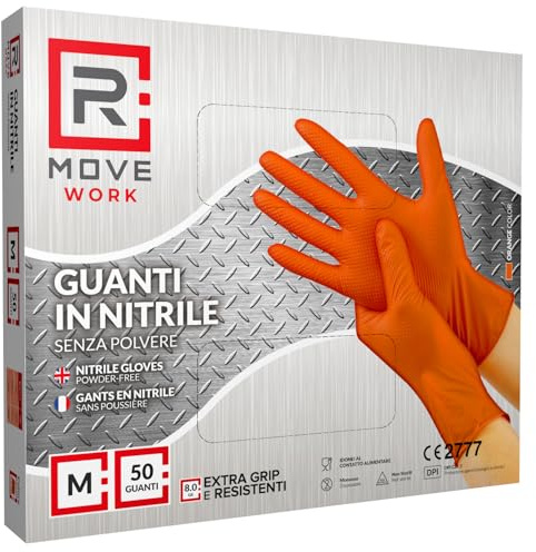 R MOVE 50 guantes de nitrilo Diamond 8 gr. con 140% de grosor respecto a 3,5 g – Guantes antideslizantes con agarre en toda la palma para un perfecto agarre – Naranja M