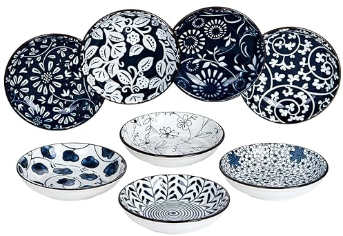 keramwerk Keramik dipschalen im Japanisch,Blau und Weiß 90ml Saucenschalen für Sushi, Saucen, Snack,Öl und Soja sauce 8er Pack, rund klein dip schalen (10 cm)