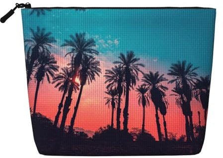 Palm Tree Sunset Cosmetic Organizer Large Fake Hemp Bag, Water Resistant Zippered Pouch for Daily Travel