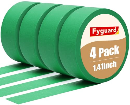 Fyguard 4 Rolls Green Painters Tape 50m x 36mm Crepe Masking Tape | Residue-free removal, waterproof, UV resistant, medium adhesion, for clean paint lines indoors or outdoors