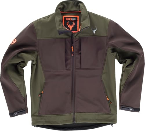 WORKTEAM Cazadora Caza y Pesca Softshell combinada con canesús. Cuello Alto y cubrecosturas Interior. Cierre de Cremallera de Nylon. Unisex Marron+Verde Caza-L