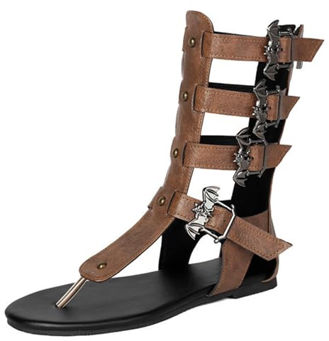 Eestfy Sandalias Gladiador con Anillo de Dedo Mujer Planas con Tiras Romanas Botas Sandalias Rodilla Alta Zapatos de Verano para Vacaciones en la Playa y Viaje Sandalias Estilo,Marrón,41 EU