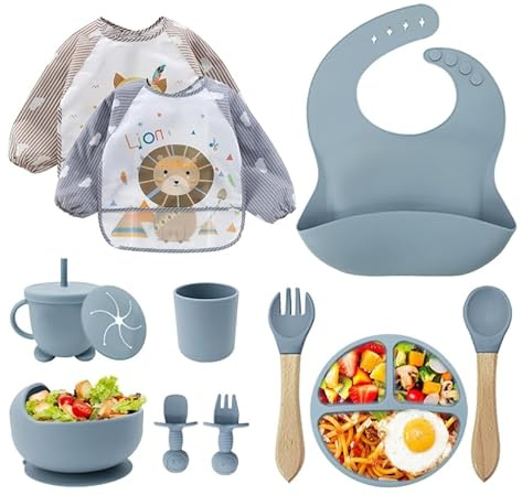 Juego de vajilla de silicona para bebé, 12 piezas, sin BPA, plato infantil con ventosa, vaso para aprender a beber con pajita, babero de silicona, cuenco, cuchara de madera, cubiertos para bebé
