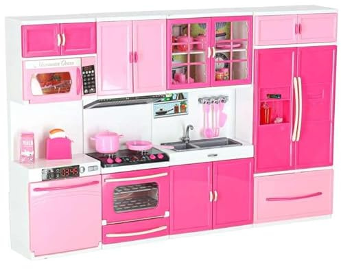 My Happy Kitchen Playset for Kids - 4-in-1 Pink Toy Kitchen with Lights & Sound, Interactive Microwave, Oven, Fridge & Sink - Pretend Play Cooking Set for Toddlers & Children