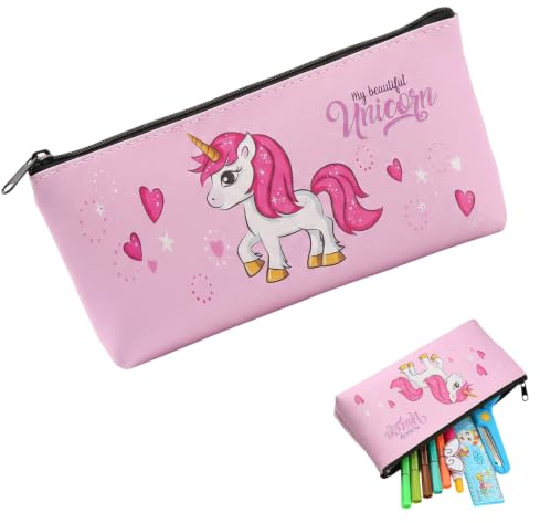 FIQLUL Trousse Licorne Fille Rose en Cuir PU - Trousse Scolaire Kawaii pour École Primaire et Collège - Rangement Stylos et Crayons Résistant - pour Enfants et Écolières
