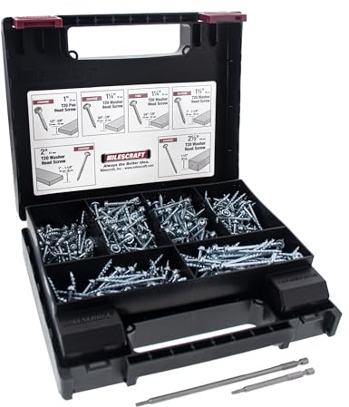 Milescraft 5200 Taschenschrauben-Set, 700 Stück. T20-Taschenlochschrauben-Set mit 6 Schrauben unterschiedlicher Größe und T20-Schraubendreher-Bits für Holzverbindungen und Winkelbohrungen