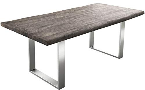 DELIFE Esszimmertisch Edge Akazie Platin 200x100 XL Edelstahl Schmal Live-Edge