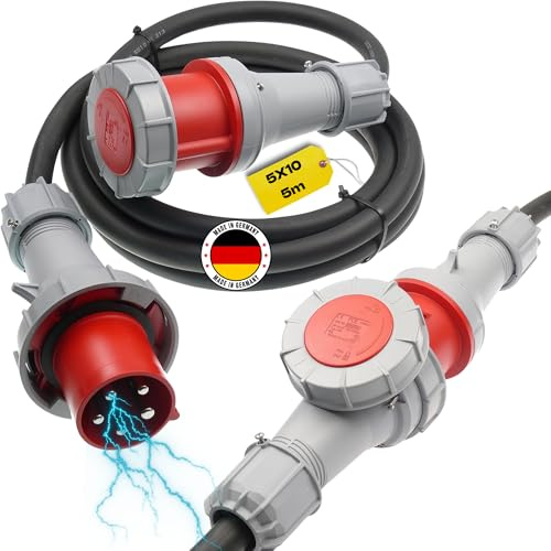 maxgo CEE-Verlängerungskabel Starkstromleitung Stromkabel flexibel wasserdicht H07RN-F 5G10 5x10 63A PCE 5P ideale für Industrie und Baustellen Außenbereich IP67 5m