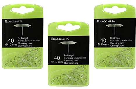 Exacompta Linicolor Reißnägel, Spitze 7 mm, 10 mm Durchmesser, transparent, 3 Packungen mit 40 Stück