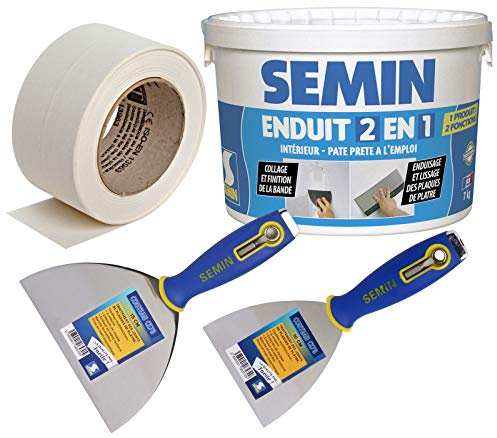 Semin Bande Papier pour Plaques de Plâtre - 23 m sous Blister, Enduit 2 en 1 - Seau de 7 kg, Couteau à Enduire - 10 cm et Couteau - 15 cm