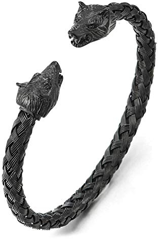 JewelryWe Schmuck Herren Armband Edelstahl Gegenüber Wolf Wolfskopf geflochten Draht Kabel Wikinger Biker Offen Armreif Armspange Silber/Gold/Schwarz