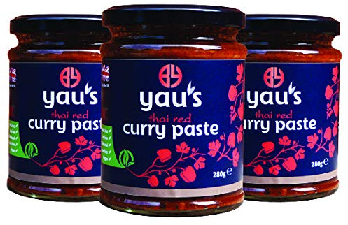 Yau's Thai Red Curry Paste (280g x 3 jars), Free from gluten, nuts and dairy. Contains no ultra processed ingredients (UPFs) and no E numbers. Suitable for making Thai curry or use like a pesto.