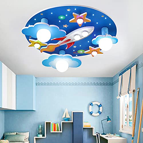 FUMIMID Universum Rakete Deckenleuchte Sterne Kinderleuchten E27 Holzhandwerk Glas Beleuchtung Ultradünn Flurlampe Weißem LED Lampe Babyzimmer Schlafzimmer Wohnzimmer Kinderzimmer Cartoon Lichter