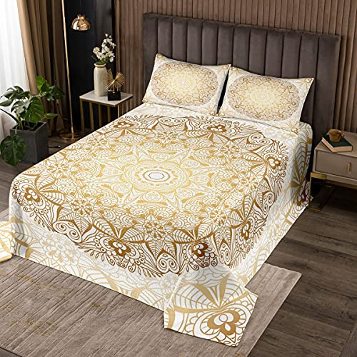 Tbrand Boho Mandala Tagesdecke 220x240cm Bettüberwurf böhmischen Stil für Teenager Luxus Golden Weiß Mandala Dekor Steppdecke Exotisches Blumenmuster Wohndecke 3St