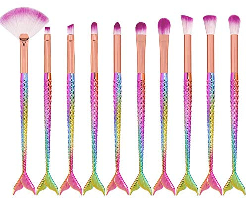 Make-up-Pinsel-Set, 10 Stück, Fischschwanz-Augen-Make-up-Pinsel, Lidschatten, Concealer, Eyeliner, Augenbrauen, Mischpinsel, mehrfarbig mit Meerjungfrau-Griff