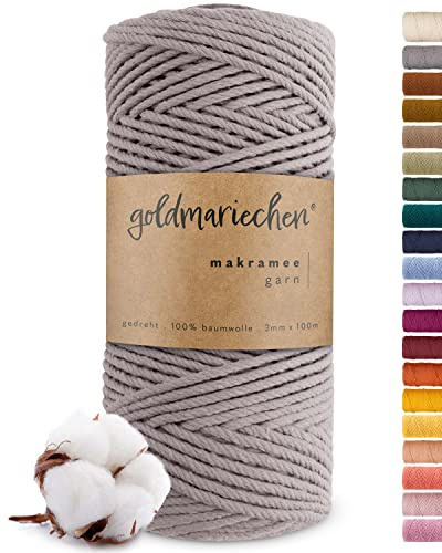goldmariechen - Premium Makramee Garn (Grau) 3mm x 100m - 100% Baumwolle - Makrameegarn Baumwollgarn für DIY-Handwerk wie Halskette, Armband, Schlüsselanhänger, Lampenschirm zum selber Machen