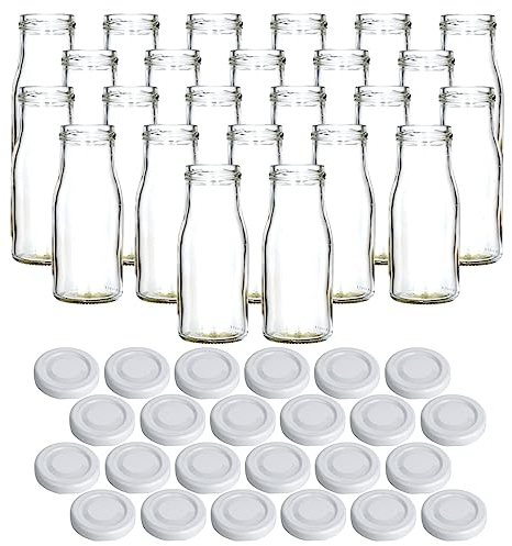 gouveo Set de 24 Bouteilles en Verre 150 ML Smoothie avec Couvercle à vis Blanc - Petite Bouteille de jus 0,15 l avec Bouchon TO43 - Bouteille Vide à remplir de jus et de Smoothies