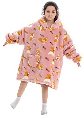 Couverture à capuche surdimensionnée pour enfants, fille et garçon, avec poche pour adolescents, Corgi.