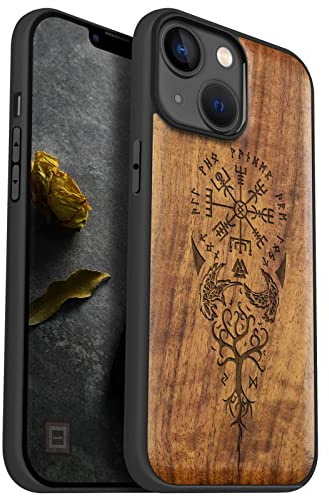 Carveit Magnetisch Hülle für iPhone 14 [Elegante Nussbaum] [Weich TPU Stoßstange] Stoßfeste Handyhülle Kompatibel Magsafe mit 14 Hülle Holz（Wikingerkompass Vegvisir）