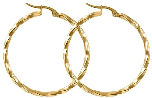 day.berlin Creolen Twisted 18k vergoldet | Damen Ohrringe gedreht 35mm Durchmesser 2mm stark, 316L Edelstahl nickelfrei und wasserfest