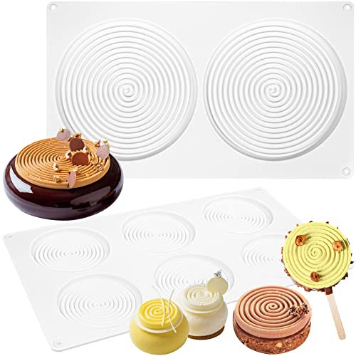 Round Cake Silicone Moulds Tourbillon Disc Shape Baking Pan Set of 2 for Cheese, Lollipop, Layer, Chocolate, Soap, Candles, Glaze, Cake Tins 5.5inch, 3inch, 8-Cavity